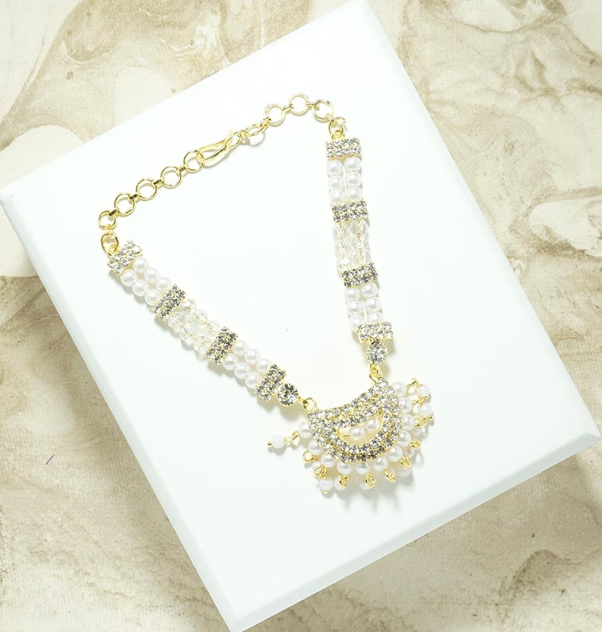 White Stone Pearl Beads Necklace/ Mala ( 3.5 Inch )