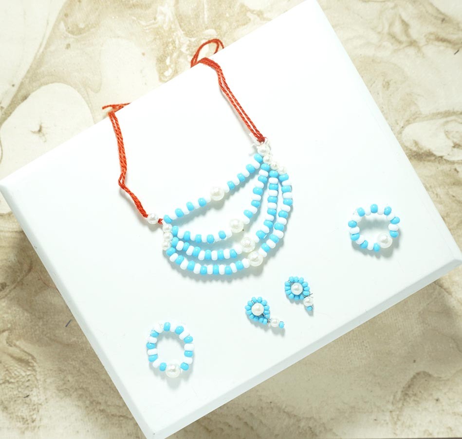 Sky Blue & White Pearl Beads Necklace With Earrings & Bracelets ( M )