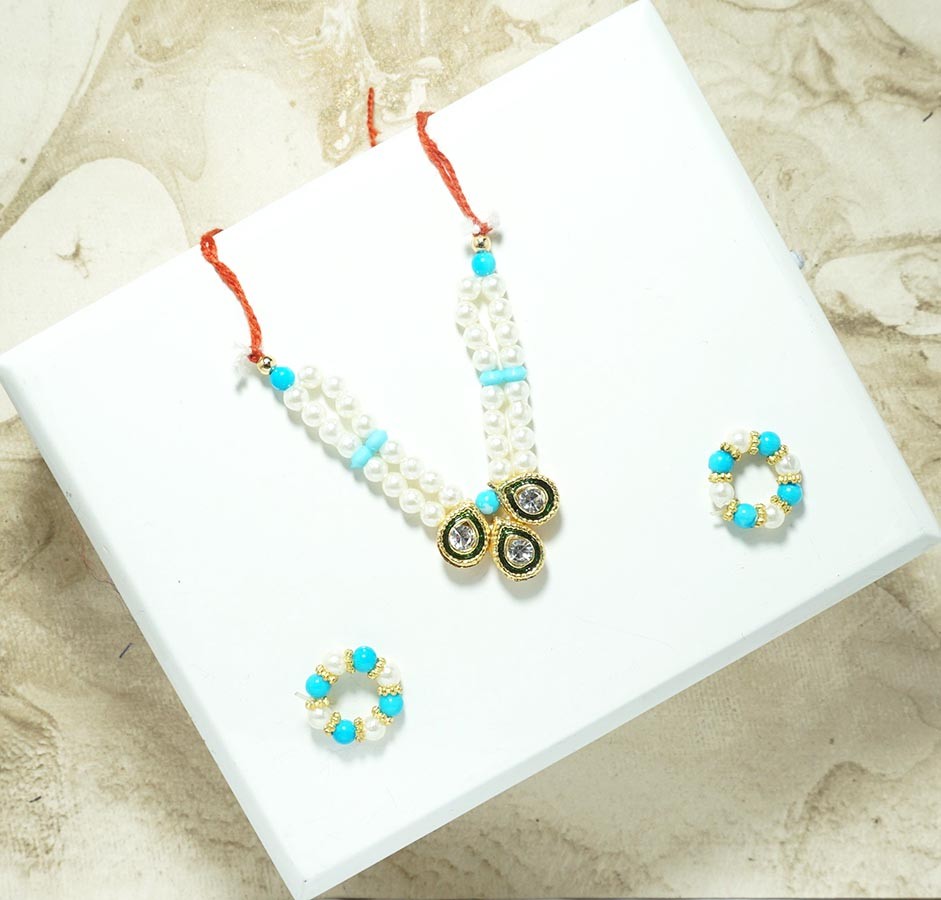 Sky Blue & White Stone Pearl Beads Mala With Bracelets ( 2 Inch )